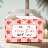 Personalised gable favour box, white lid, strawberry print; Elsie's Berry First Birthday panel