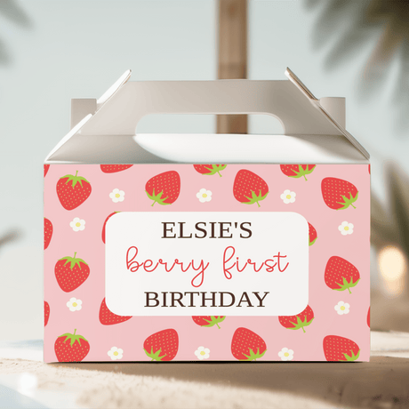 Personalised gable favour box, white lid, strawberry print; Elsie's Berry First Birthday panel