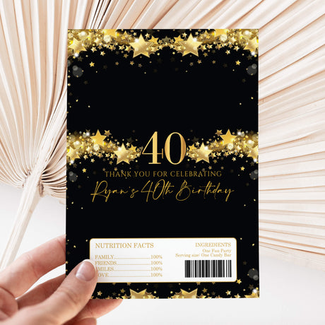 Black chocolate wrapper with gold stars, 40th birthday text and thank-you message