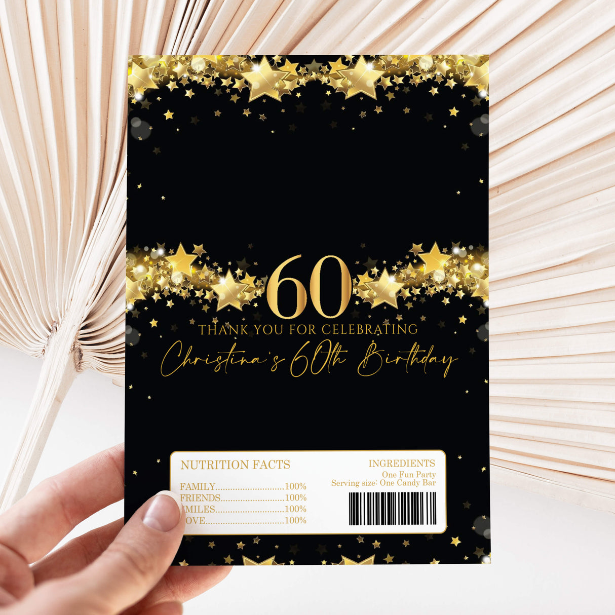 Black & gold 60th birthday DIY chocolate wrapper with stars, “60” and barcode label