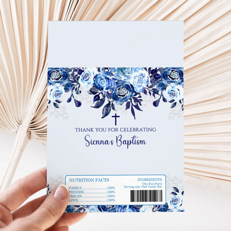 Blue floral baptism chocolate wrapper with blue rose border and blessing text
