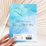 Birthday chocolate wrapper sheet with blue marble and gold accents, 'Thank you for celebrating'