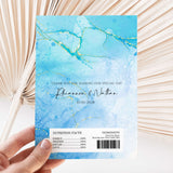 Blue and gold marble chocolate wrapper with thank-you text and barcode
