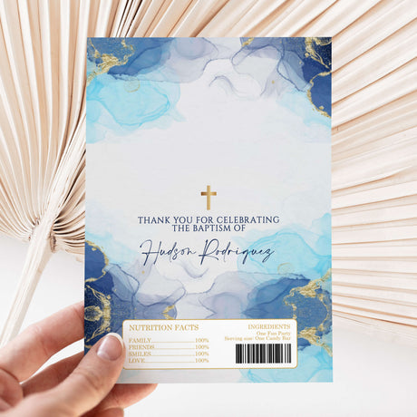 Baptism chocolate wrapper, blue marble print with cross and thank-you text