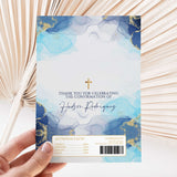 Chocolate wrapper sheet with blue marble design, cross, thank-you text and barcode
