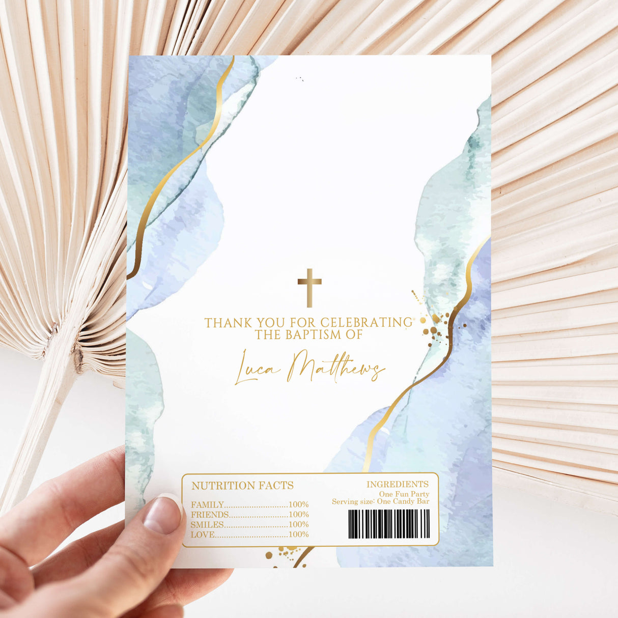 Baptism chocolate wrapper sheet with blue watercolor border and gold cross and text