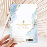 Baptism chocolate wrapper sheet with blue watercolor border and gold cross and text