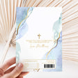 Confirmation chocolate wrapper sheet with blue watercolor border, gold cross, and thank-you text