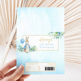 Custom chocolate bar wrapper with blue bunny, balloon, floral frame, and “Henry’s First Birthday” text