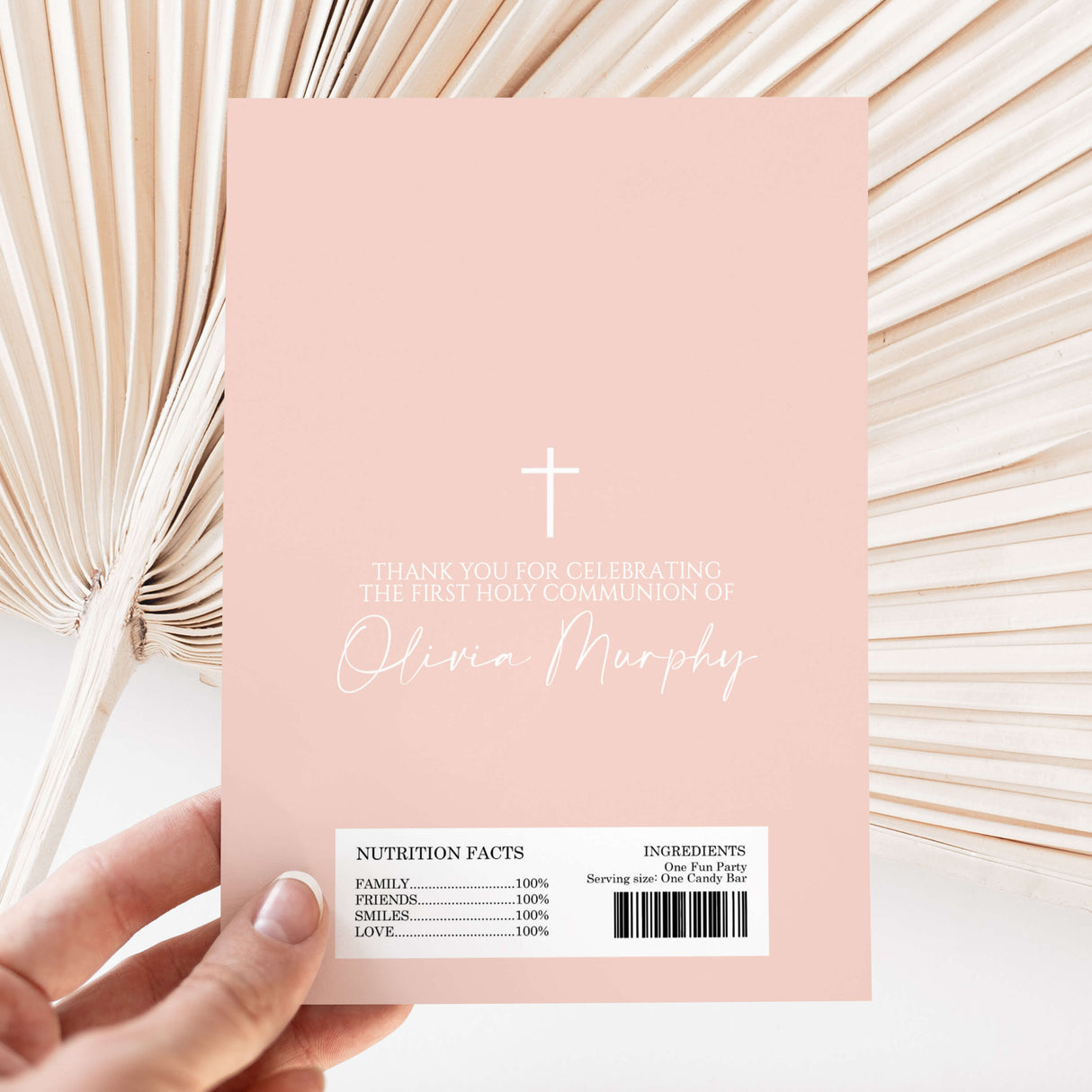 Blush pink First Holy Communion chocolate wrapper with cross and thank-you text