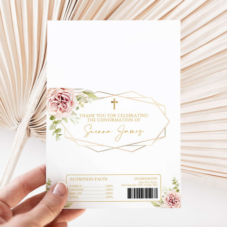 Confirmation chocolate wrapper sheet with blush roses and gold geometric frame
