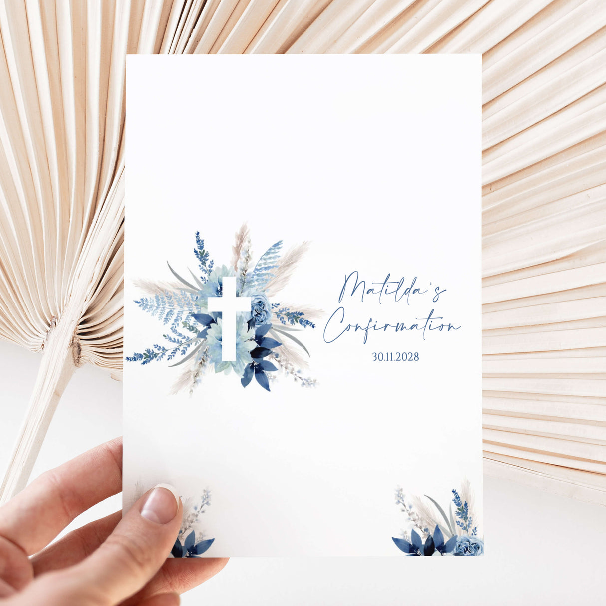 Confirmation chocolate wrapper with blue pampas floral and cross design