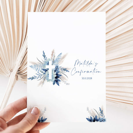 Confirmation chocolate wrapper with blue pampas floral and cross design