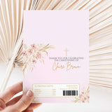 Christening chocolate wrapper with pink floral print, cross, and thank-you text.