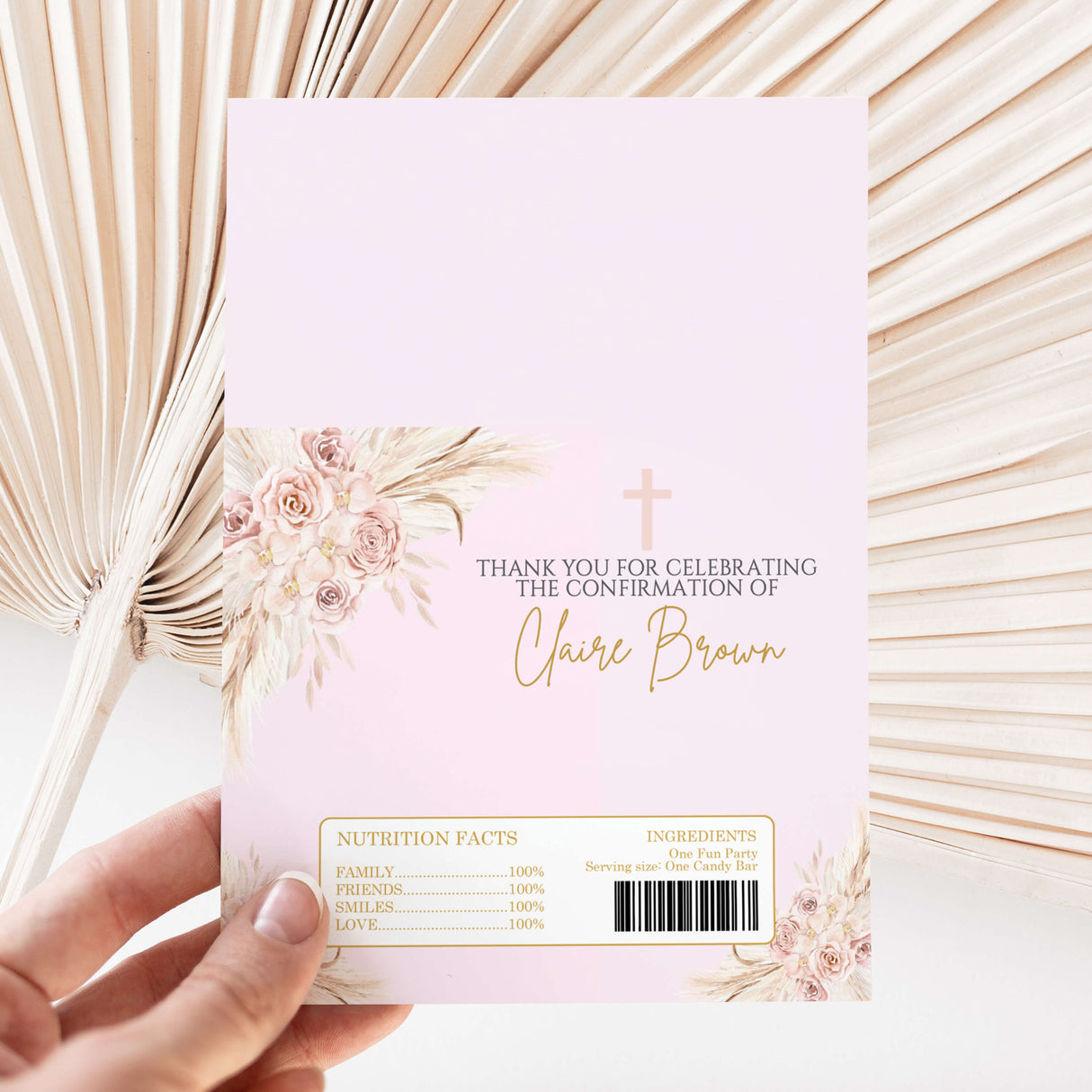 Pink boho confirmation chocolate wrapper with floral pampas bouquet, cross, and thank-you text