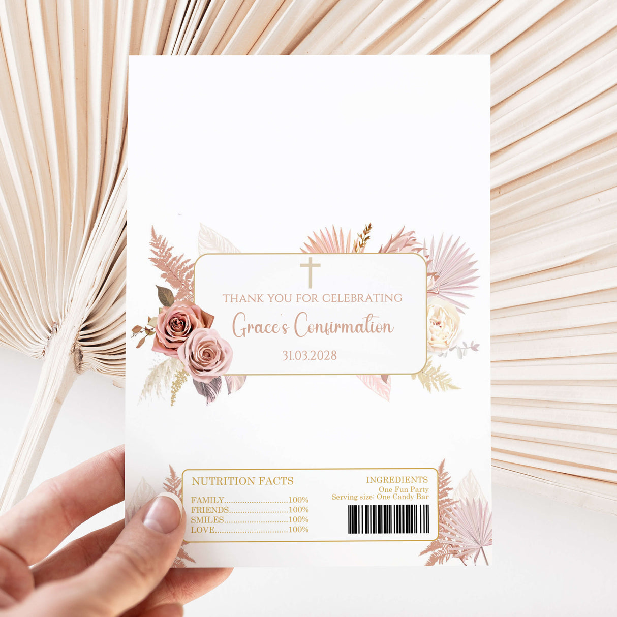 Boho rose confirmation chocolate wrapper, cross and 'Thank you for celebrating' text