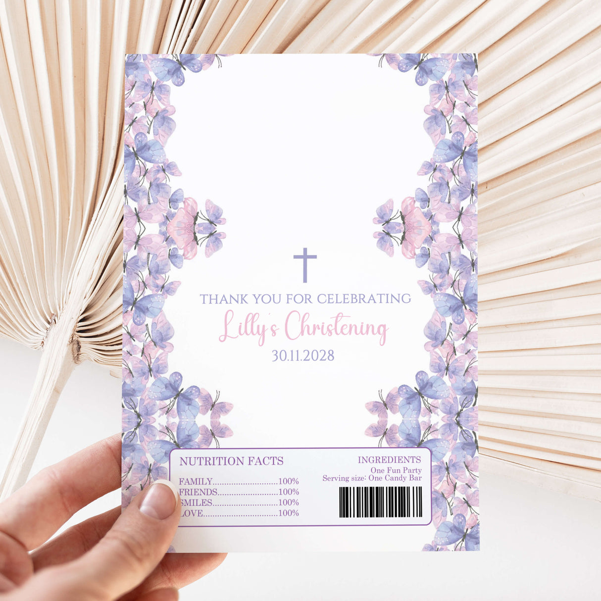 Purple butterfly printed chocolate wrapper sheet with cross and thank you text