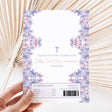 Purple butterfly First Communion chocolate wrapper sheet with floral corners, cross, barcode