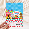 Circus birthday printed chocolate wrapper with blue polka dots and George turns four