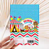 Circus birthday chocolate wrapper sheet with George name, circus animals, nutrition facts