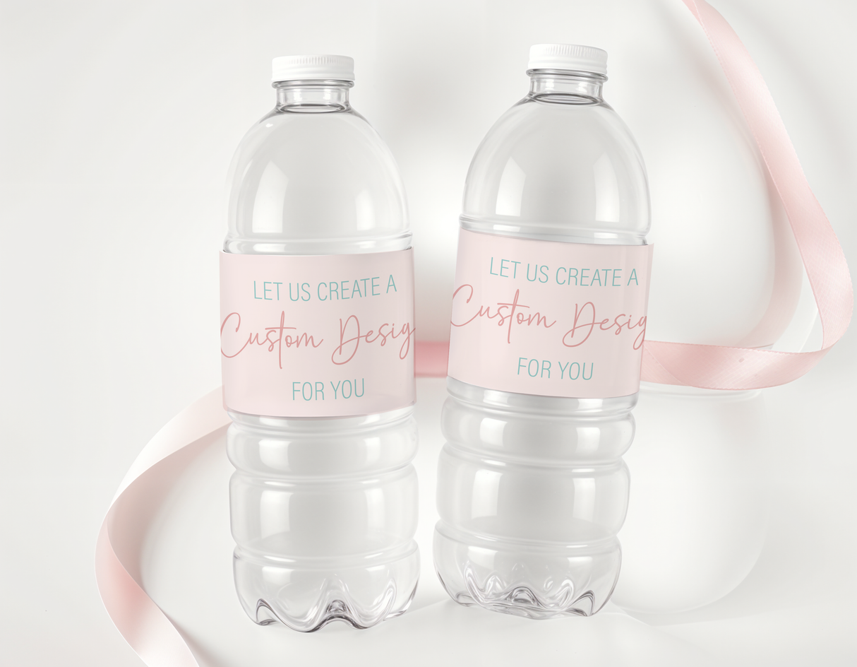 Personalized water bottle labels on clear bottles with pink and red custom text