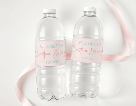 Personalized water bottle labels on clear bottles with pink and red custom text