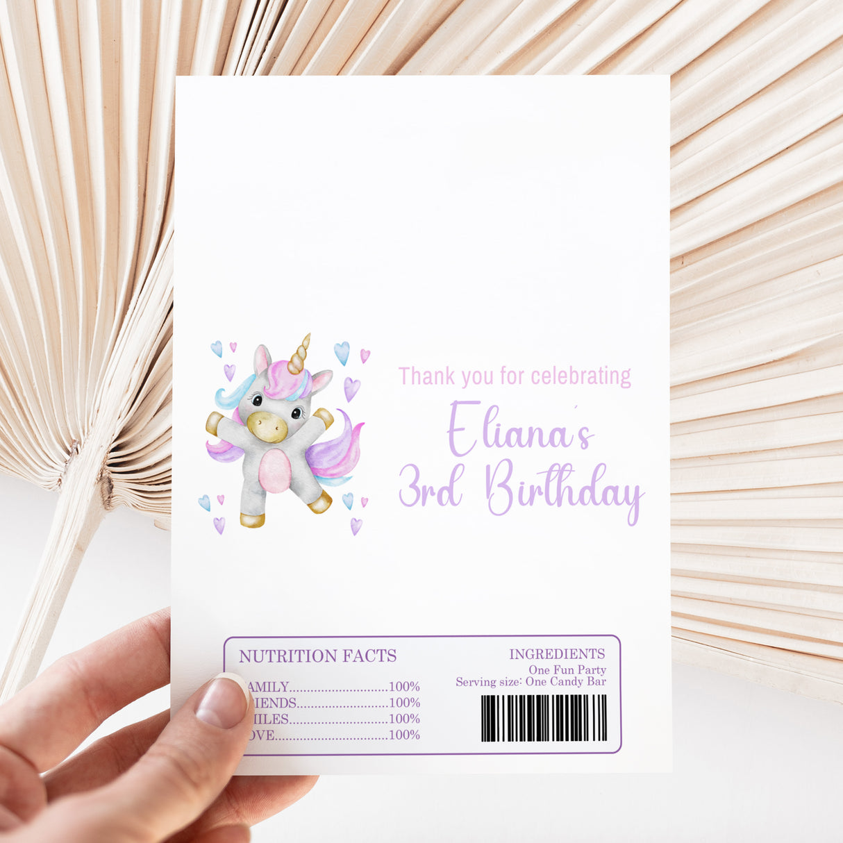Unicorn-themed custom chocolate bar wrapper, with name and birthday text on front