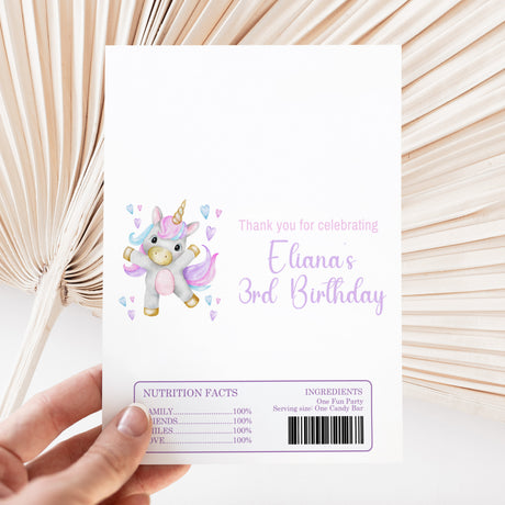 Unicorn-themed custom chocolate bar wrapper, with name and birthday text on front