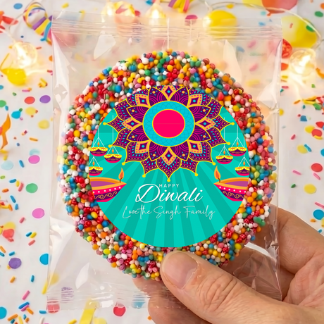 Personalised giant freckles bag with colorful Diwali mandala and bead ring
