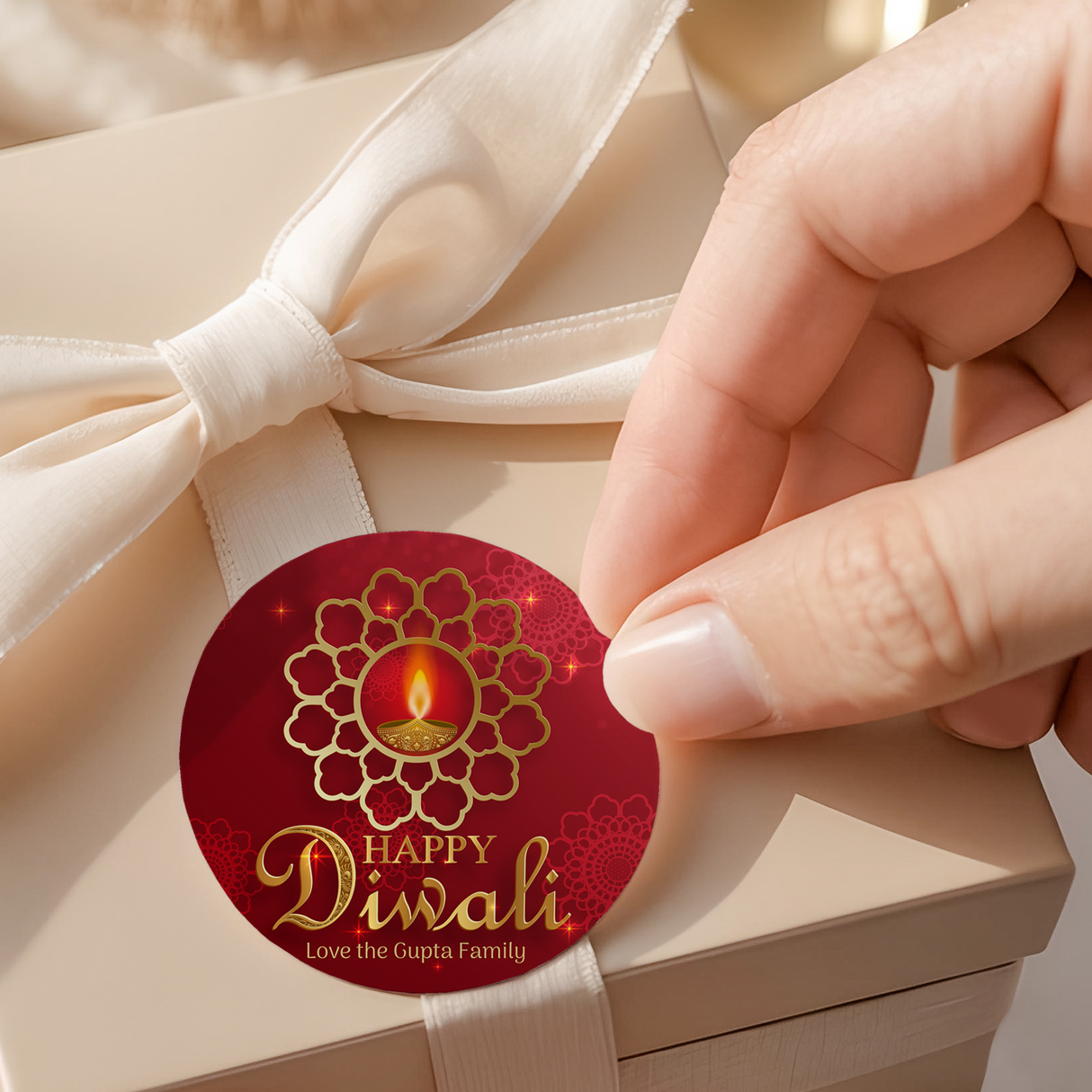 Diwali Red Candle Round Printed Labels