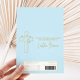 Light blue confirmation chocolate wrapper with gold cross and dove, thank-you text