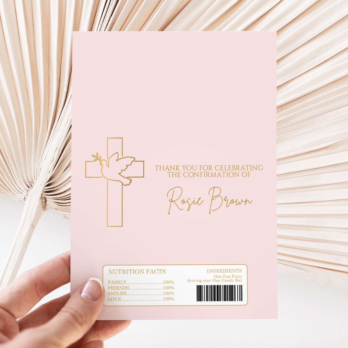 Pink DIY chocolate wrapper with gold cross and dove, thank-you text, barcode