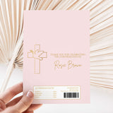 Pink DIY chocolate wrapper with gold cross and dove, thank-you text, barcode