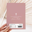 Dusty rose baptism chocolate wrapper with cross, thank-you text, and nutrition/ingredient panel