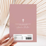 Dusty rose baptism chocolate wrapper with cross, thank-you text, and nutrition label