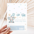 Blue elephant printed chocolate wrapper with clouds, stars, and “Thank you” message