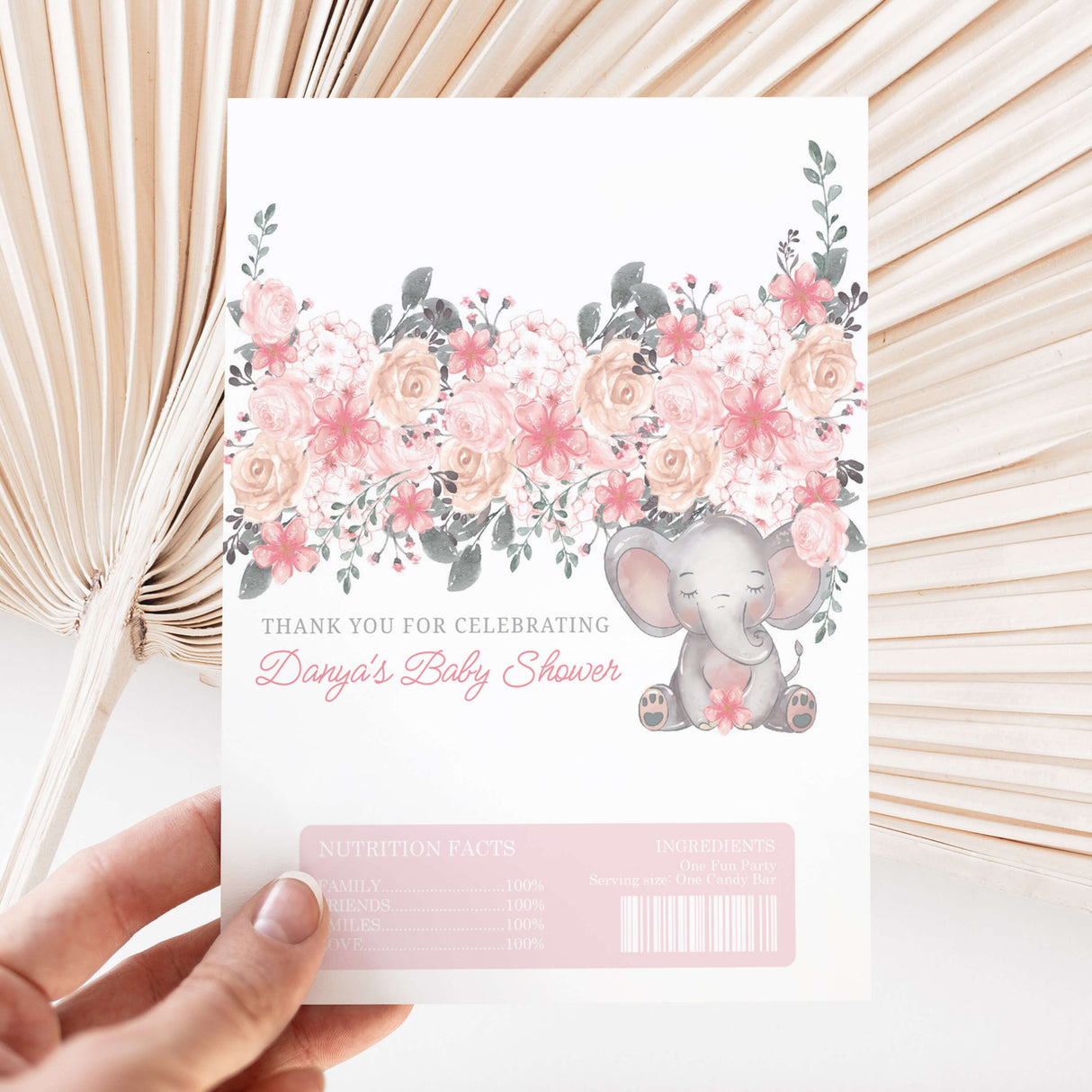 Pink floral elephant printed chocolate wrapper with thank-you message and baby-shower text
