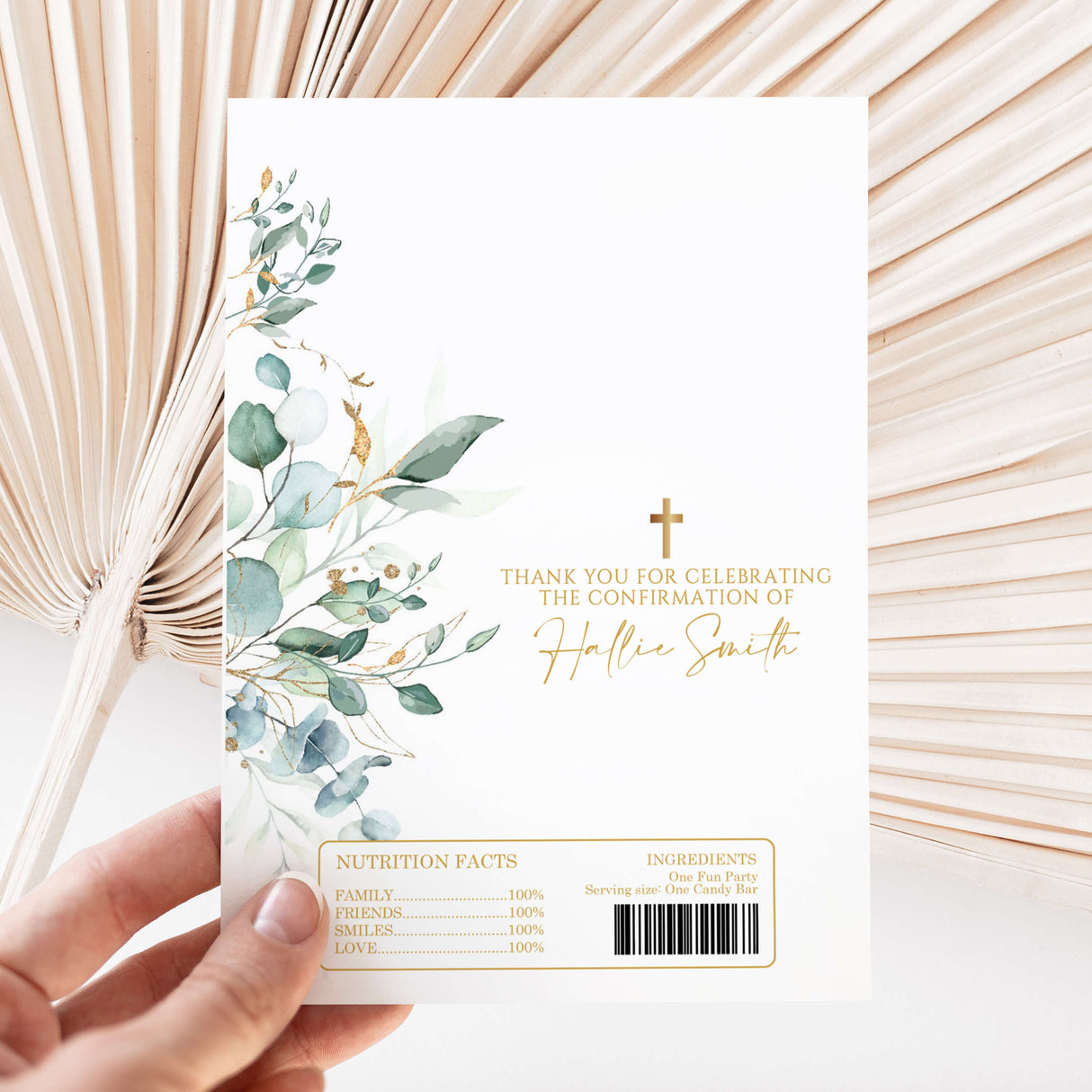 Confirmation chocolate wrapper with eucalyptus leaves, gold cross, and thank-you text