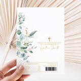 Confirmation chocolate wrapper with eucalyptus leaves, gold cross, and thank-you text