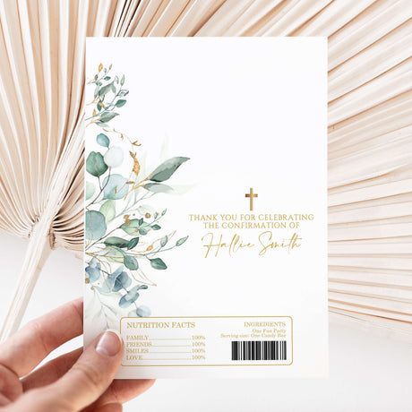 Confirmation chocolate wrapper with eucalyptus leaves, gold cross, and thank-you text