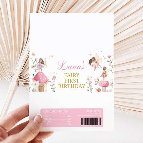 Chocolate wrapper sheet with fairy first birthday print, pink dress characters, barcode
