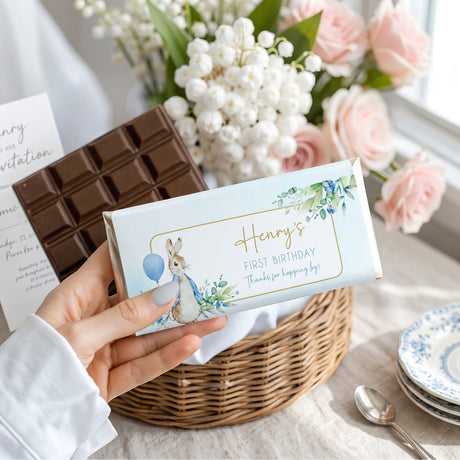 Favour Perfect personalised blue Peter Rabbit first birthday chocolate bar with floral design and gold foil frame