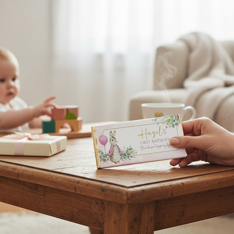 Favour Perfect personalised pink Peter Rabbit first birthday chocolate bar held in hand on a wooden table.