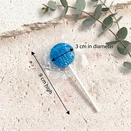 Mini lollipop with blue wrapped topper; 3 cm diameter and 6 cm height on stick.