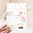 Flamingo birthday chocolate wrapper with polka dots, Evelyn turns 4, nutrition facts and barcode