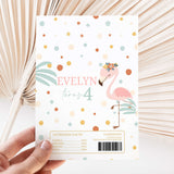 Chocolate wrappers sheet with flamingo and polka dots; text "Evelyn" "turns 4"