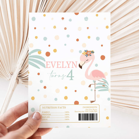 Chocolate wrappers sheet with flamingo and polka dots; text "Evelyn" "turns 4"