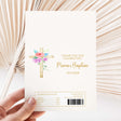 Printed chocolate wrapper with floral cross, “Thank you” for Maria’s Baptism, date