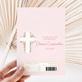 Pink DIY chocolate wrapper with floral cross and celebration text, barcode and label