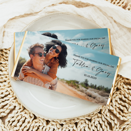 Personalised wedding chocolate bar with couple photo and names on teal wrapper